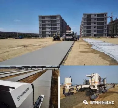 上：攤鋪完的廠房地坪混凝土板；下左：安裝在機(jī)身后部伸長臂上的超級抹平器，對混凝土表面進(jìn)行進(jìn)一步修復(fù)和處理；下右：一臺 SP 25 滑模攤鋪機(jī)即可整合所有傳統(tǒng)施工步驟，實(shí)現(xiàn)同步一體化作業(yè)